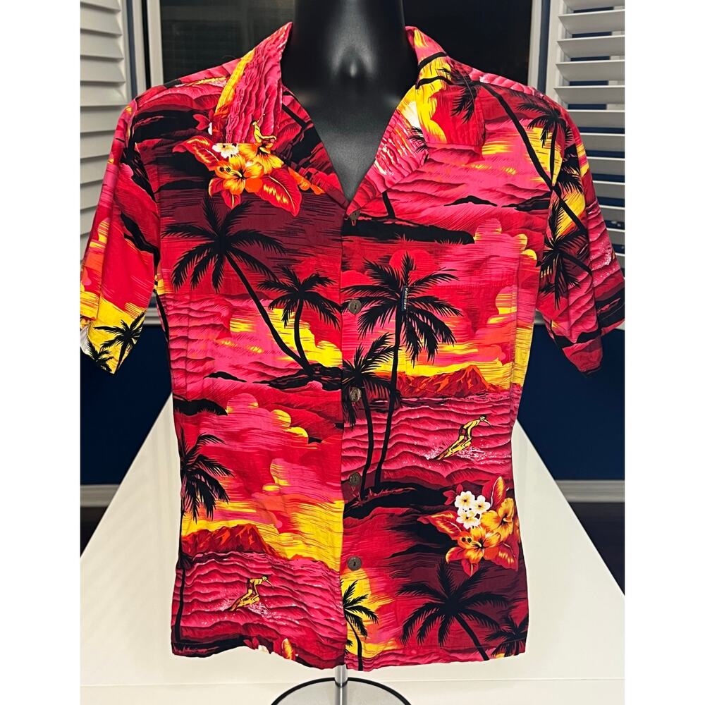 PalmWave Hawaiian Button-Up Shirt Men’s‎ SM – Red Yellow Tropical Surfer Floral
